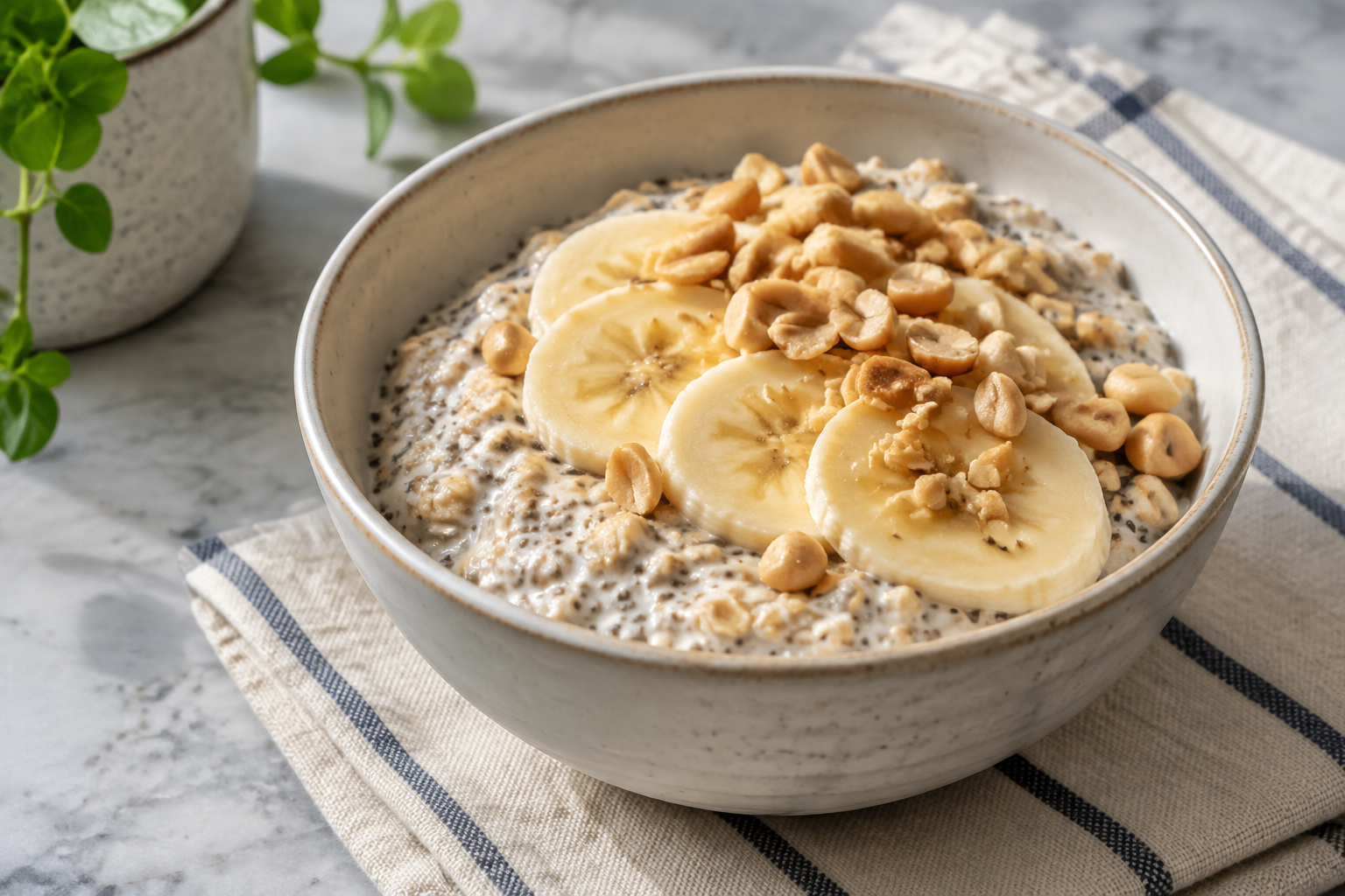 Aveia de geladeira com banana e amendoim · leite integral